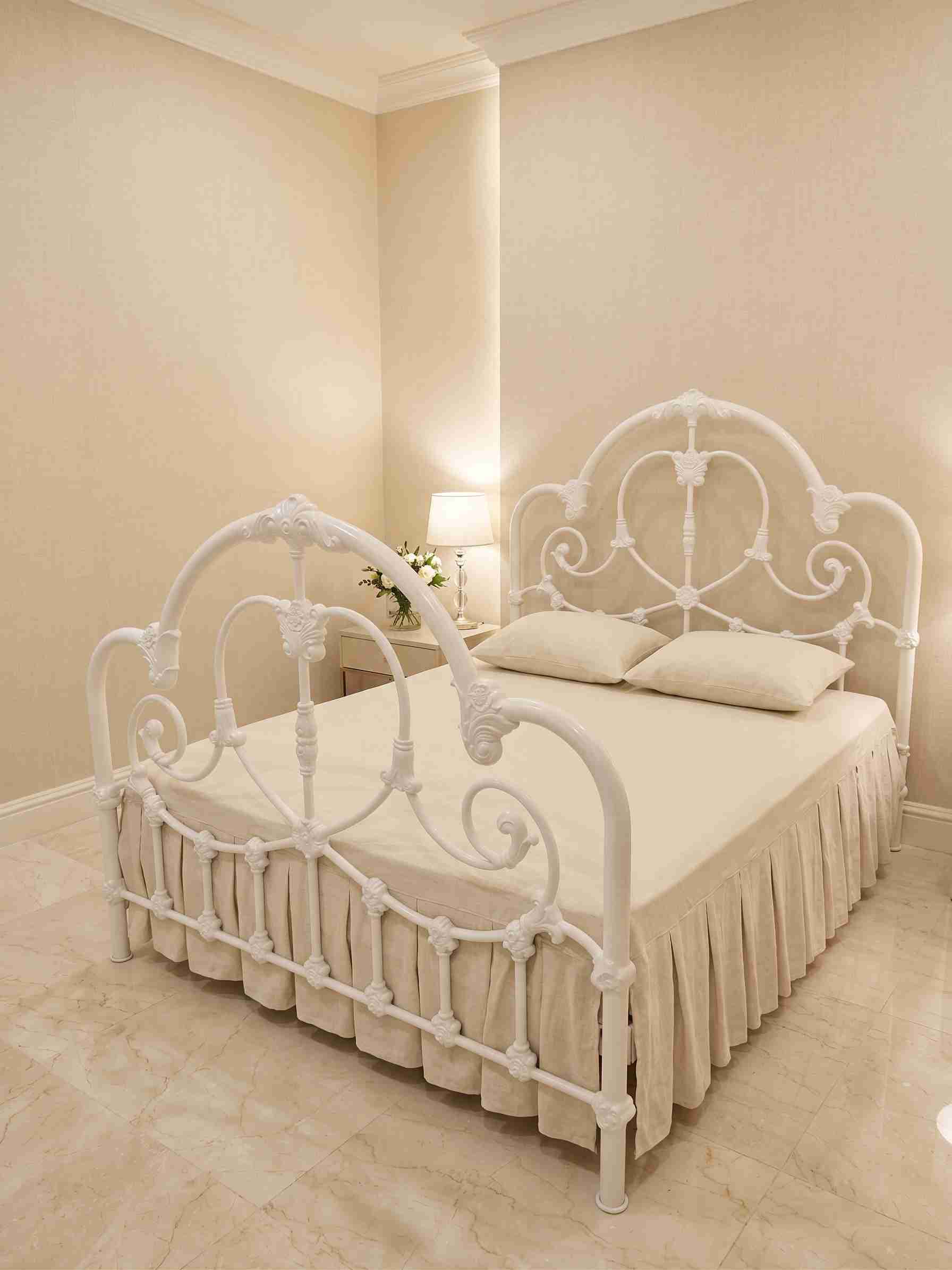 French Romantic White Cast Iron Bed Frame