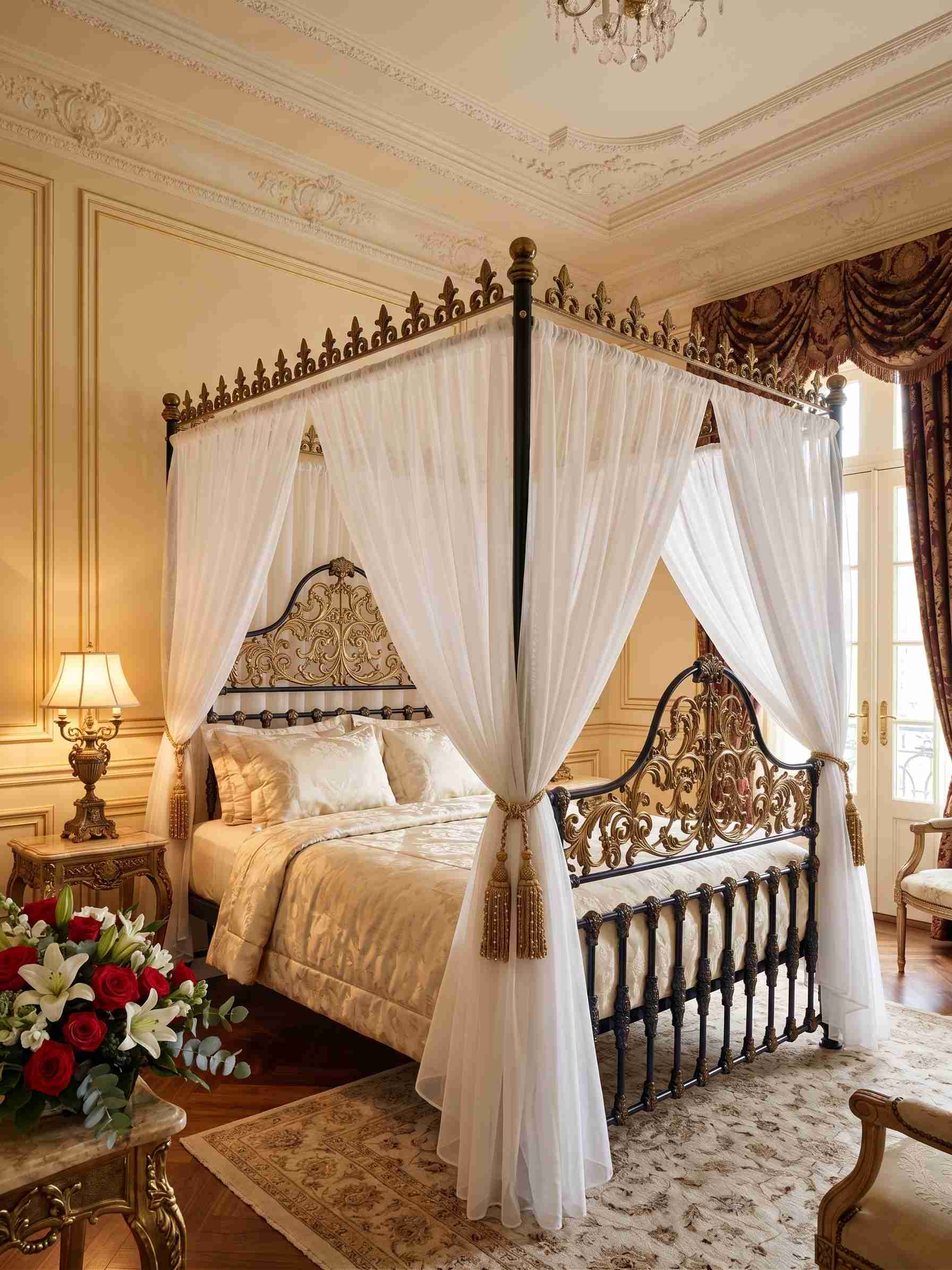 Royal Fleur-de-Lis Canopy Bed with Sheer Drapes